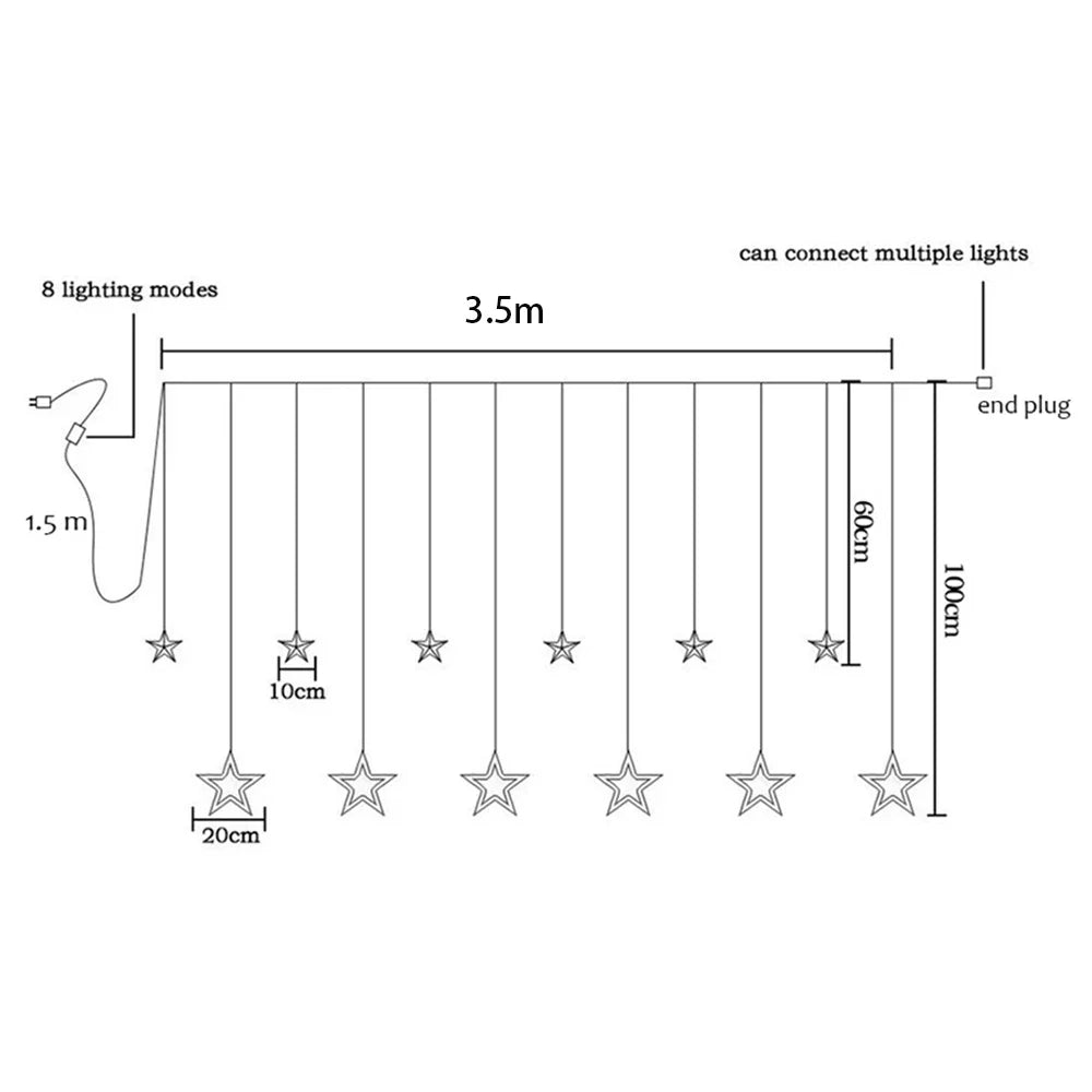 3,5M 138 LEDs Cordão de Luzes Estilo Gelo com Estrelas – Cortina de Luzes Fadas para Natal, Casamento, Casa, Festa de Aniversário e Decoração